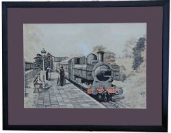 Original Pen & Ink Watercolour of GWR Pannier Tank 4650 at Fairford Station painted by Sean Bolan