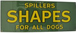 Enamel Advertising Sign `Spillers Shapes For All Dogs`. Yellow lettering with black shadow on a dark