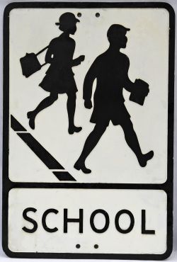 Pressed alloy Road Sign `School`, depicting the two children, 21" x 14".