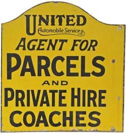 Enamel Advertising Sign "United Automobile Services Ltd Parcels and Private Hire Coaches"; double