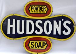 Enamel Advertising Sign "Hudson`s Soap Powder in Packet; single sided measuring 35" x 25". Blue,