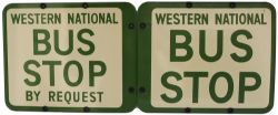 Enamel Bus Stop Signs, qty 2, both double-sided 12¾" x 10½", green lettering on beige ground:-