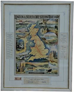 LNWR framed and glazed advertising poster 24" x 19, the colour poster shows a map of the whole of