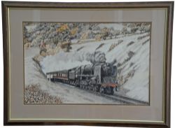 Original Pen & Ink with Watercolour Painting of 9F 92203 0n the Pines Express leaving Combe Down