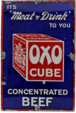 Enamel Advertising Sign "Oxo Cube Concentrated Beef" single sided measuring 12" x 18". Red and white