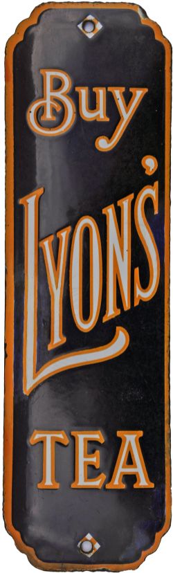 Enamel Advertising Door Push Finger-Plate Sign `Buy Lyons Tea`, 3" x 10. White lettering with orange