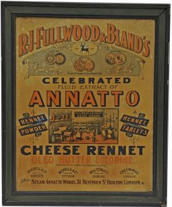 Tin Advertising Sign "Annatto Cheese Rennet Fullwood & Blands" Measuring 25" x 23". Cream and green