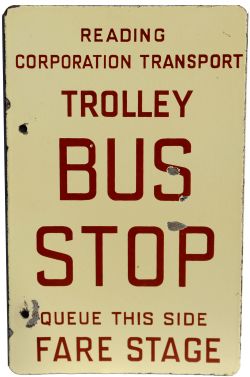 Enamel Bus Sign "Reading Corporation Transport Trolley Bus Stop Queue This Side Fare Stage";