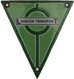 London Transport Radiator Badge, triangular enamel in two-tone green with familiar circle having `