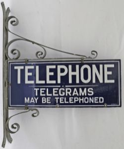 Enamel Sign, `Telephone - Telegrams May Be Telephoned`, double sided with steel, zinc plated wall