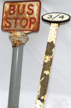 Cast iron Bus Stop Sign, red on white double sided, unrestored, 32" long with part of original post.