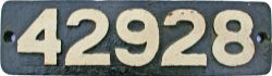 Smokebox Numberplate 42928. Ex Hughes `Crab` 2-6-0 locomotive, built Crewe in 1931. Primary