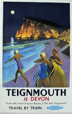BR Poster `Teignmouth Is Devon` by Mays, 1957 double royal size 40" x 25". Night time beach view
