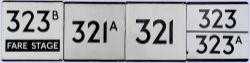 London Transport enamel Route Plates, black on white enamel, qty 4: 323B Fare Stage; 321; 321A;323/