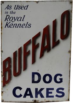 Enamel Advertising Sign `Buffalo Dog Cakes - As Used In The Royal Kennels. Red and blue text on a