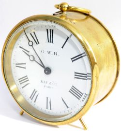 GWR brass cased Drum Clock, 4" diameter, Kay & Co Paris, Matching numbers 3397 to case and movement,