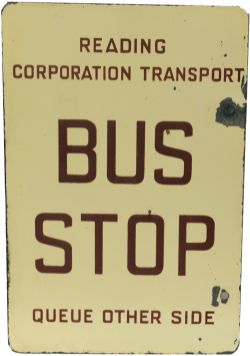 Enamel Bus Sign "Reading Corporation Transport Bus Stop Queue Other Side" measuring 16½" x 11"..