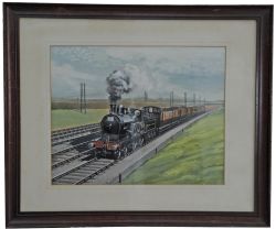 Original Oil Painting on board of LYR 4-4-0 locomotive on a Passenger Train by RF Berridge. Framed