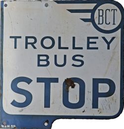 Enamel Bus Sign "BCT (Bradford Corporation Transport) - Trolley bus Stop dated 1959". Blue on White.
