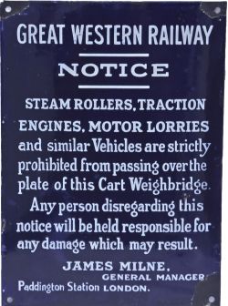 GWR Enamel Notice "Steam Rollers etc". White on blue, measuring 14" x 10". In excellent condition