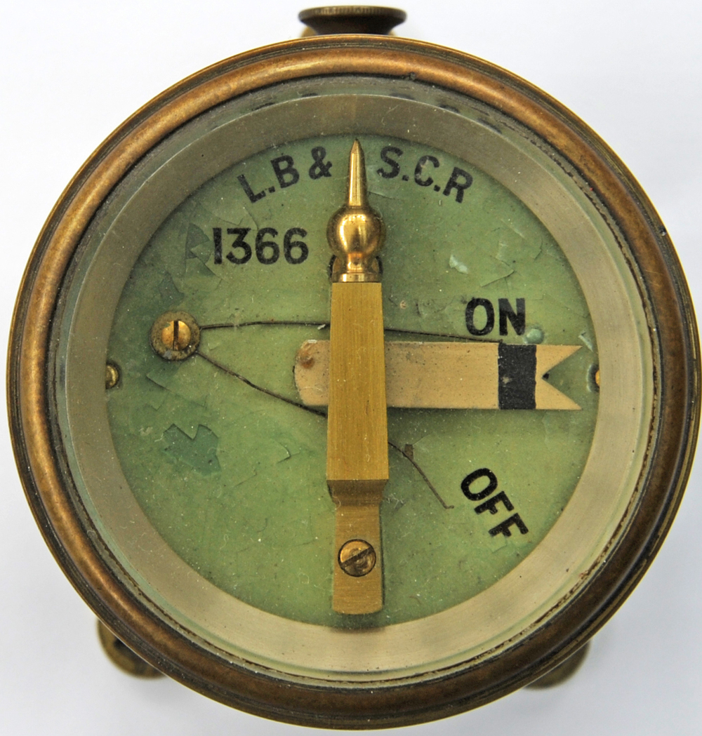 London Brighton and South Coast Railway brass cased Distant signal indicator numbered 1366, in