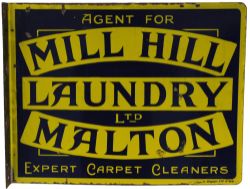Enamel Advertising Sign, double sided wall mounting variety "Agent for Mill Hill Laundry and Malton,