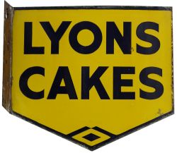 Enamel Advertising Sign `Lyons Cakes`. Double side with wall mounting flange, 17½" x 15½", blue