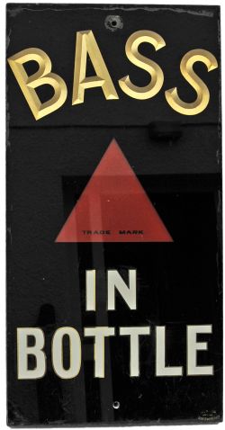 Bass In A Bottle Advertising Glass and Slate Sign. Measures 27" x 14" with the Bass red triangle