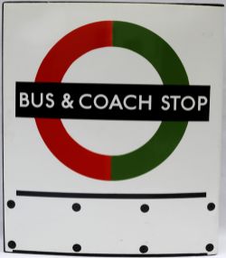 London Transport enamel Bus Sign, double sided `Bus & Coach Stop`. Manufactured by Burnham, London