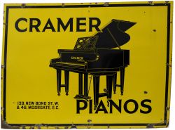 Enamel Advertising Sign "Cramer Pianos - 139 New Bond St & 46 Moorgate"; single sided. Black image