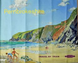 BR Poster `Pembrokeshire - Travel by Train` by Leech, quad royal size 50" x 40". Typical beach scene