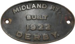 Worksplate `Midland RY. Built 1922 Derby`, oval brass. Ex Northern Ireland Railways NCC `U `Class