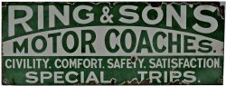 Enamel Advertising Sign "Ring & Sons Motor Coaches Civility, Comfort, Safety, Satisfaction,
