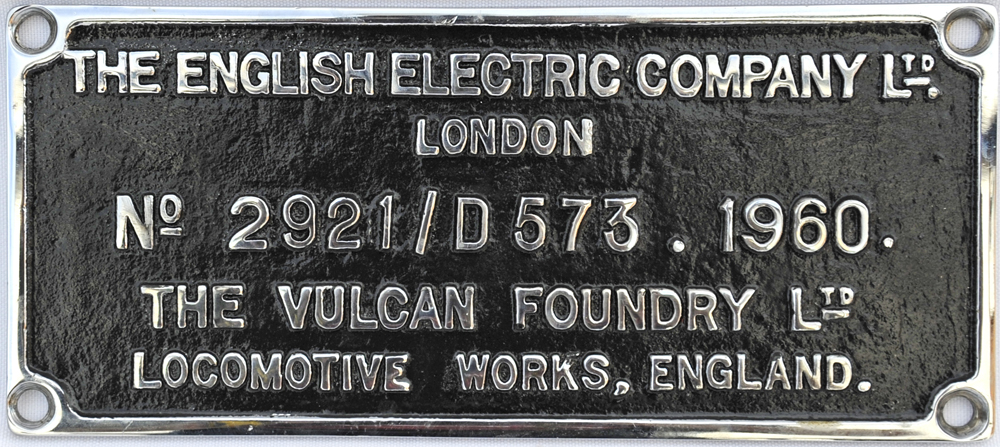 Deltic Worksplate `The English Electric Company Ltd London No 2921/D573. 1960. The Vulcan Foundry