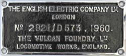 Deltic Worksplate `The English Electric Company Ltd London No 2921/D573. 1960. The Vulcan Foundry