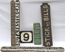 Midland Railway cast iron Stick No Bills together with an MR No 9 Bridgeplate, a couple of Shut &