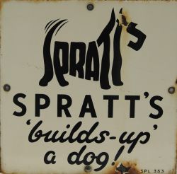 Enamel Advertising Sign `Spratts Builds Up A Dog`, 12" x 12" with the familiar `Scottie` shaped