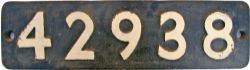 Smokebox Numberplate 42938. Ex Hughes 2-6-0 `Crab` built Horwich Works in December 1932. Allocations