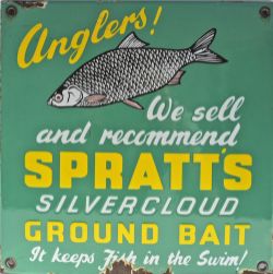 Enamel Advertising Sign "Spratts Silvercloud Ground Bait" with image of carp. In reasonable
