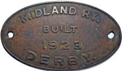 Worksplate Midland RY. Built 1923 Derby, oval brass. Ex Northern Ireland NCC 0-6-0 Class `V`