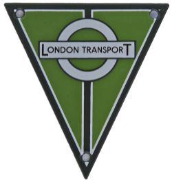 London Transport Enamel Radiator Badge. Triangular, white on dark green. In mint condition.