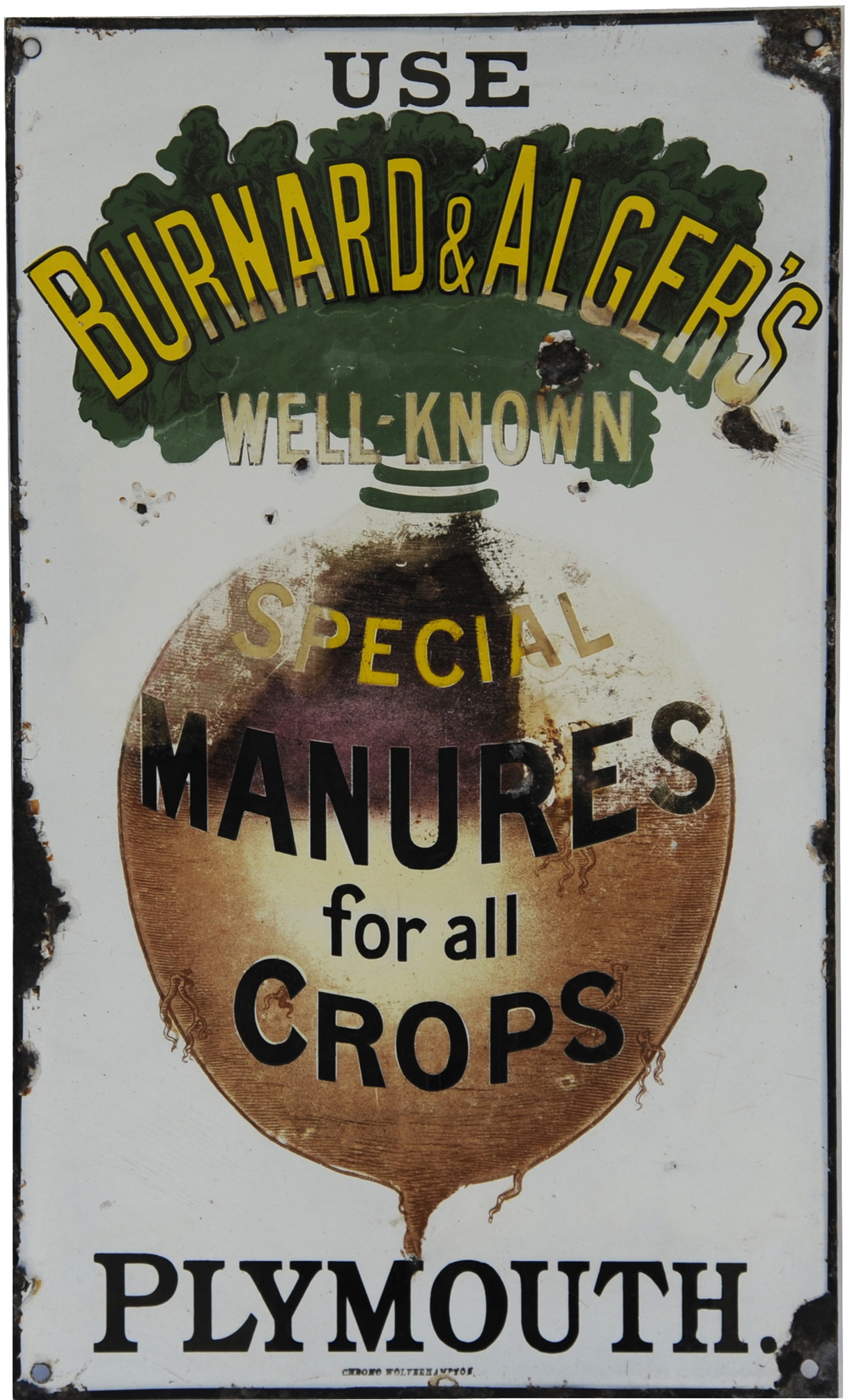 Enamel Advertising Sign `Use Bernard & Algers Well Known Special Manures For All Crops -