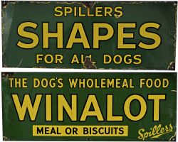 Enamel Advertising Signs, qty 2:-  `Spillers Shapes For All Dogs, yellow text with black shadow on a