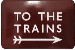 BR(M) Enamel Sign "To The Trains" with a right pointing arrow underneath. Measures 18" x 12", F/F.