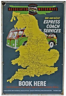 Enamel Bus Sign `Associated Motorways Day & Night Express Coach Services Book Here`, 30" x 20".