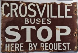 Enamel Bus Sign "Crossville Buses Stop Here by Request" double sided measuring 18" x 12". White on