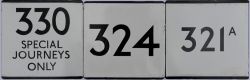London Transport enamel Route Plates, black on white enamel, qty 3: 330 Special Journey Only;