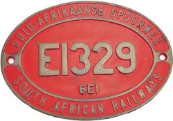 South African Railways dual language, brass Cabside Numberplate E1329 6E1. Ex Series 3.3 kV DC