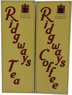 A pair of screen printed alloy Signs "Ridgways Teas" and "Ridgway Coffee". Both are 9" x 3¼" with