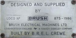 Worksplate `Designed and Supplied By Brush Loco Number 875 - 1986 Brush Electrical Machines Ltd.,